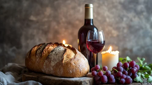 Loaf of bread with red wine, grapes and candles on table.