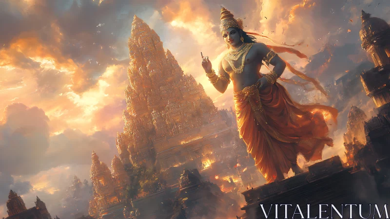 Colossal celestial deity above luminous Dravidian temple complex.