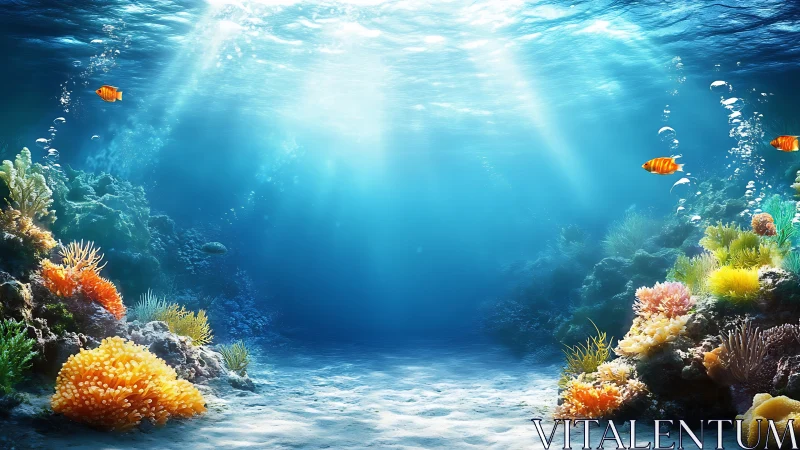 Sunlit coral reef seafloor with tropical fish and clear water.