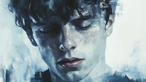Softly lit melancholic portrait in icy blue tones.