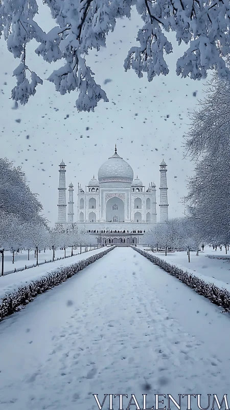 Iconic marble mausoleum framed by serene winter snowfall.