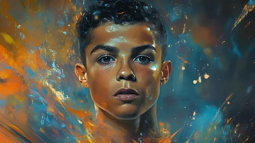 Intense digital portrait of boy amid blue and orange paint