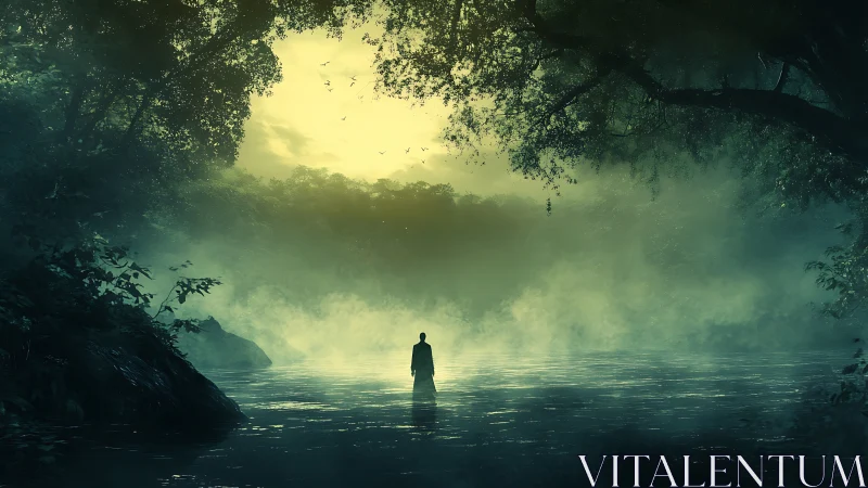Misty forest river welcomes a lone wanderer at dawn