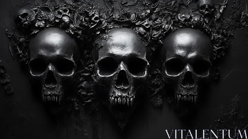 Three glossy black skulls in dark sculpted relief artwork.