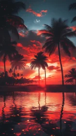 Spectral tropical shoreline under bicolor dusk sky reflection.