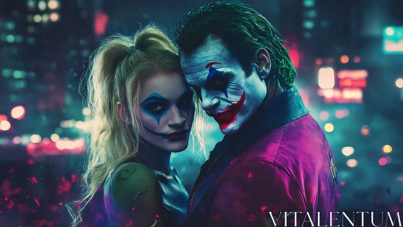 Neon clown duo lock eyes in electric city haze.