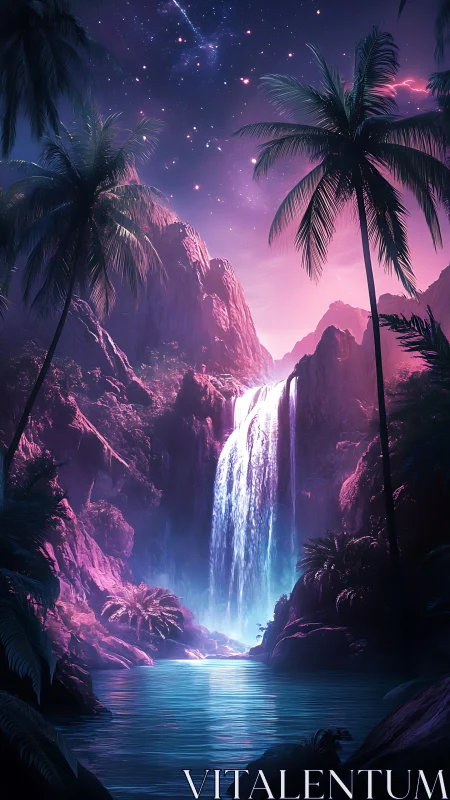 Dreamy starlit waterfall cradled by glowing tropical cliffs.