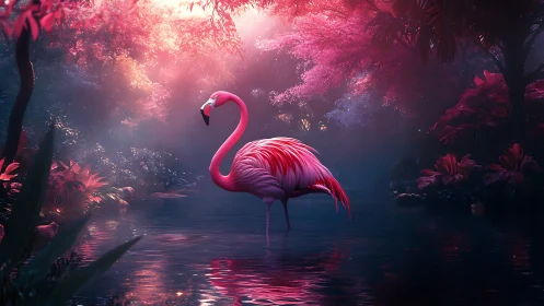 Flamingo poised in neon twilight lagoon beneath lush canopy.