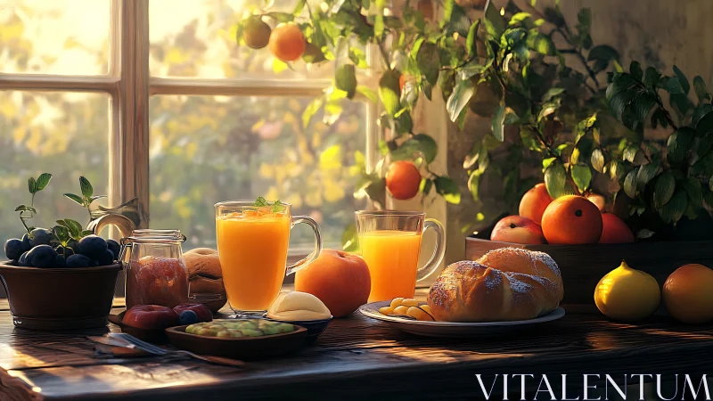 Sunny rustic breakfast table with juice and fresh fruit.