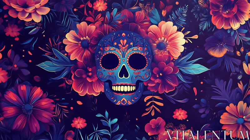 Decorated sugar skull centered in dense floral pattern.