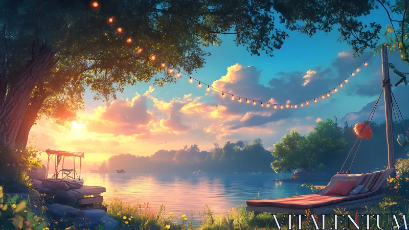 Twilight lakeside lounge under glowing string lights at sunset.