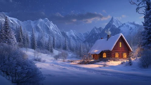 Snow-covered cabin stands in illuminated alpine valley at dusk