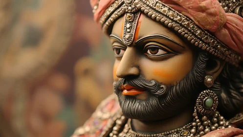Regal Indian sculpture portrait in warm shallow focus lighting.