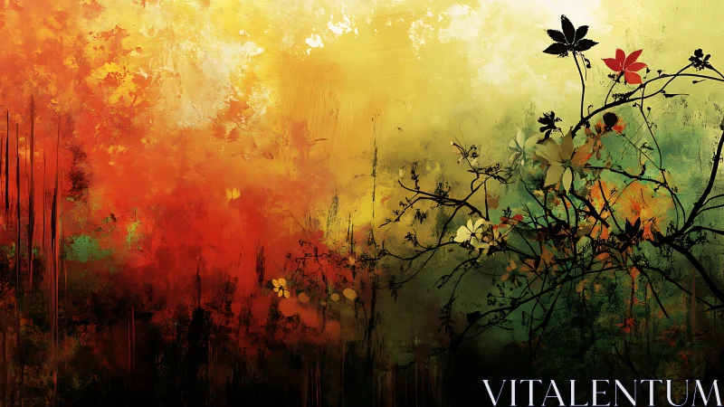 Layered floral silhouettes intersect with abstract color fields