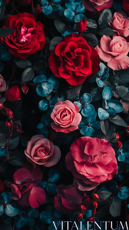 Deep Red Roses with Eucalyptus on Dark Background.