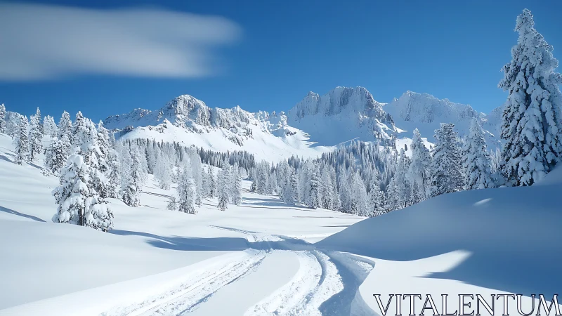 Photorealistic alpine snowfield with leading ski track lines.