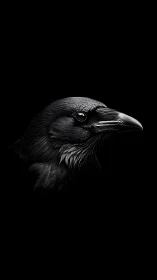 Midnight raven portrait glowing softly against darkness.