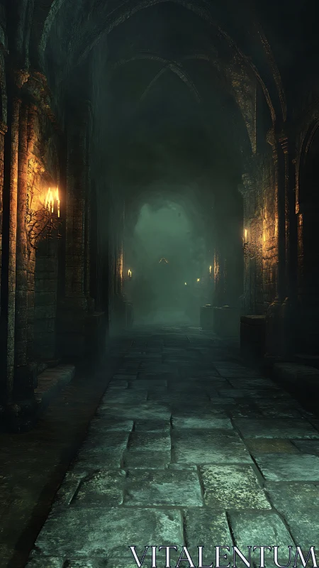 Gothic stone corridor with volumetric fog and torchlit decay