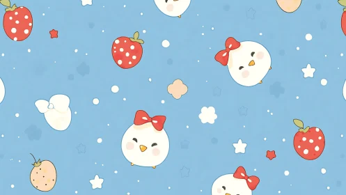 Cute chick faces and strawberries on soft blue pattern.