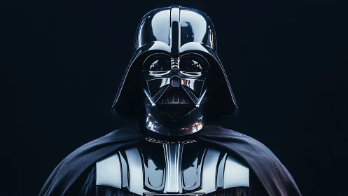 Brooding armored figure stands in glossy black sci fi helmet