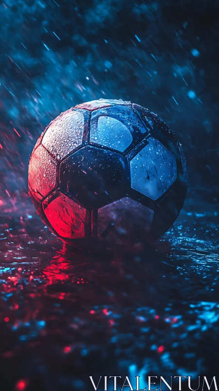 Soccer ball lies on wet reflective ground under colored rain