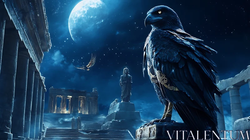 Monumental raven overlooks moonlit Greco-fantasy ruins at night