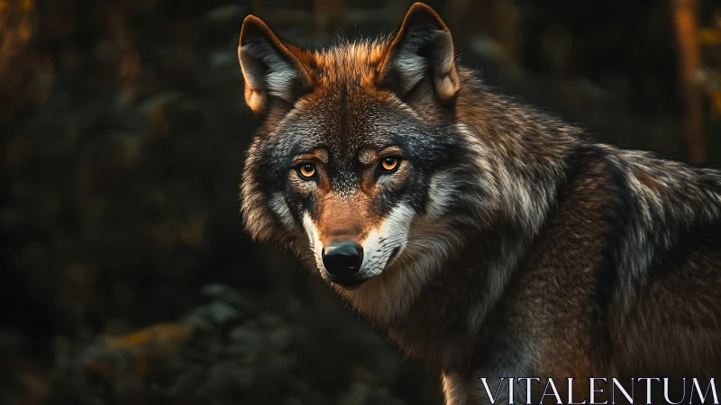 Gray wolf portrait in dim forest environment at dusk.