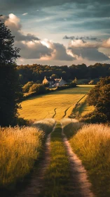 Photorealistic country lane leading to farmhouse at golden hour.