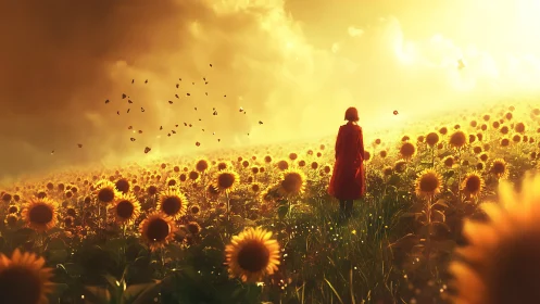 Solitary figure walks through glowing sunset sunflower field