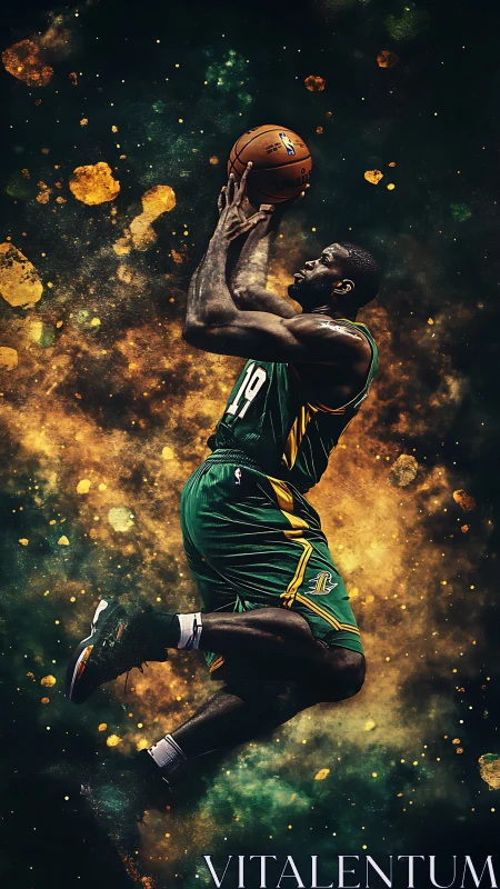 Basketball player explodes through cosmic dust mid-jump shot.