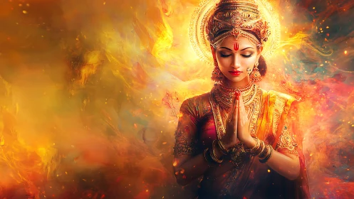 Digital depiction of ornate goddess figure amid warm light.