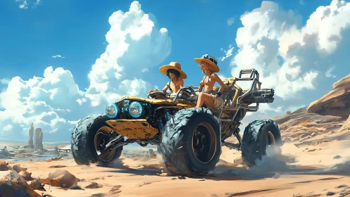 Sun-hatted drifters rocket their dune buggy across clouds