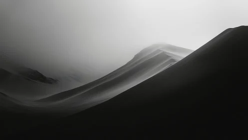 Monochrome sand dunes slope upward through dense desert haze.