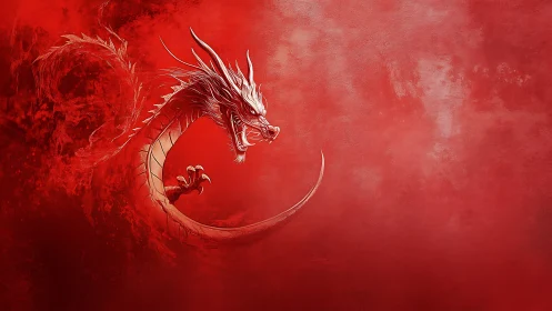 Crimson sky dragon swirling in a storm of glowing mist.