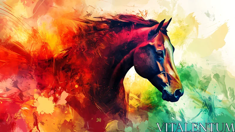Vibrant equine portrait within explosive chromatic energy field.