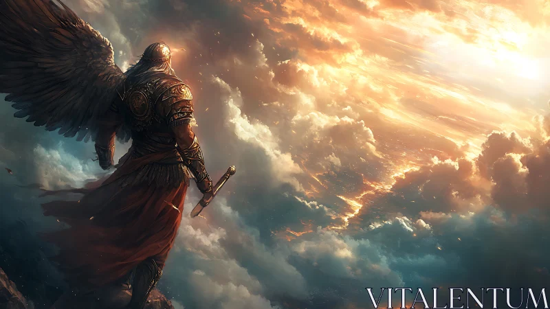 Winged warrior surveys a burning dawn above storm clouds.