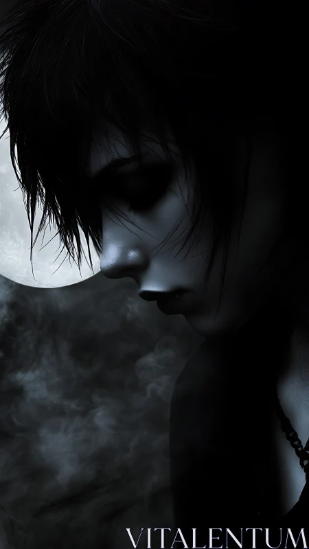 Moonlit goth profile immersed in shadowed mistscape.