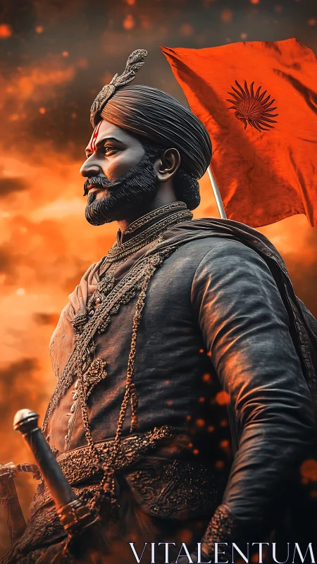 Warrior leader in ornate armor with burning orange flag.