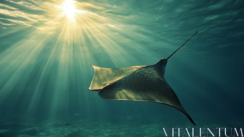 Spotted manta ray glides through sunlit ocean depths.