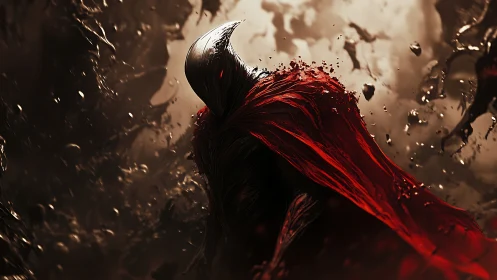 Armored wraith in red cape rendered with high-contrast volumetrics