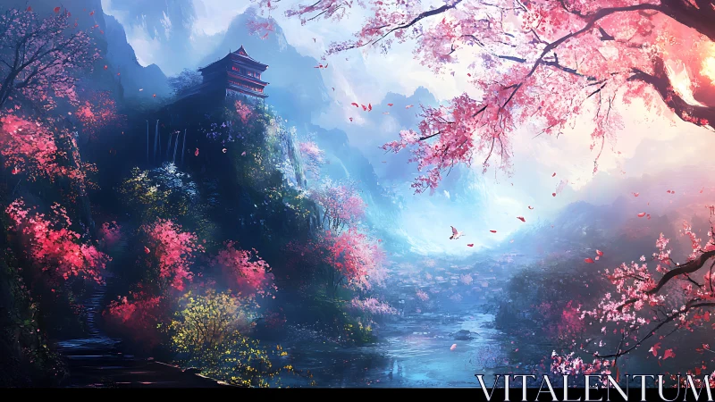 Cherry blossom valley with misty mountains and hilltop temple.