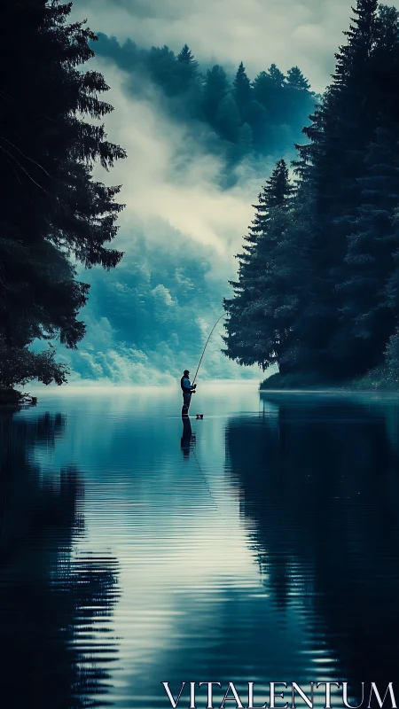 Solitary angler on misty forest lake with deep reflections.
