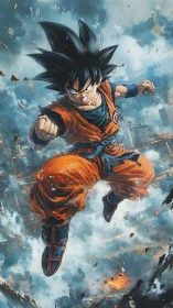 Storm-leaping anime warrior punching through shattered skies.