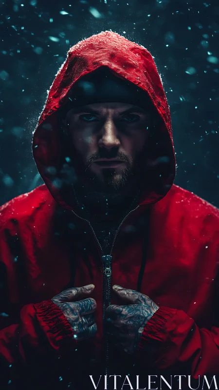 Hooded man in red jacket stares forward under falling snow