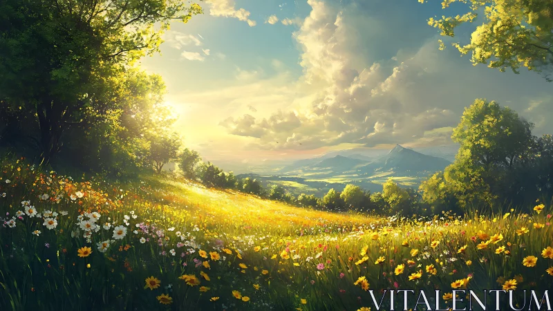 Sunlit wildflower meadow slopes toward distant hazy mountains