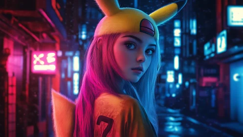 Neon-lit city portrait captures a Pikachu-cosplay girl at night