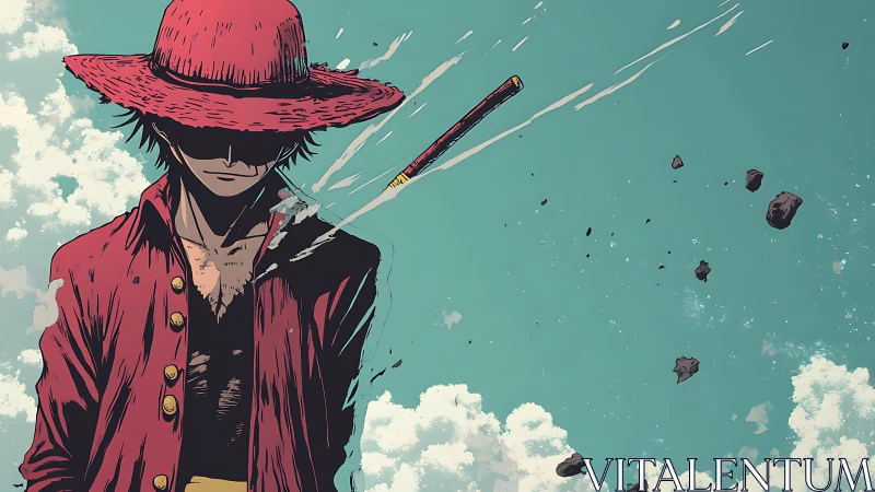 Straw-hatted wanderer stands calm as debris drifts by