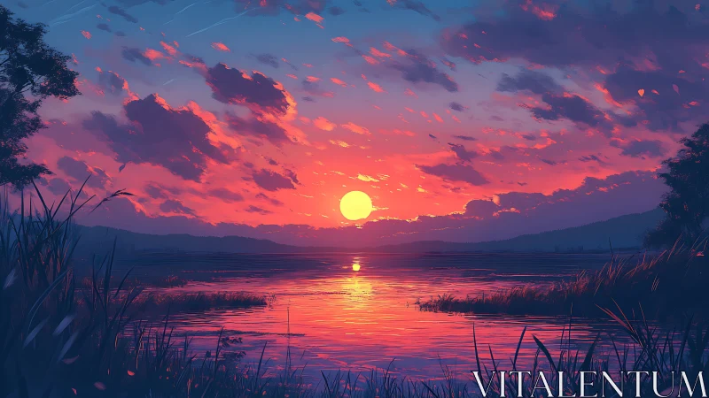 Gentle sunset glow over a quiet lake of soft colors.