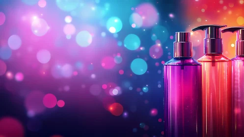 Colorful pump bottles glow softly against dreamy bokeh lights