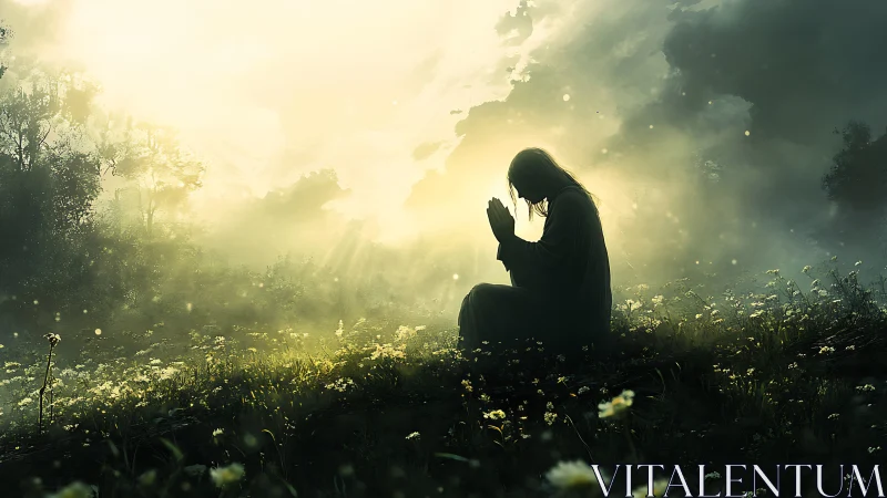 Silhouetted figure kneels in prayer within glowing meadow light